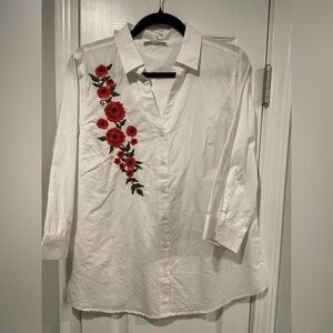 NWT Serengeti Size 1X Pink Floral Embroidered White Button Down 3/4 Sleeve Shirt